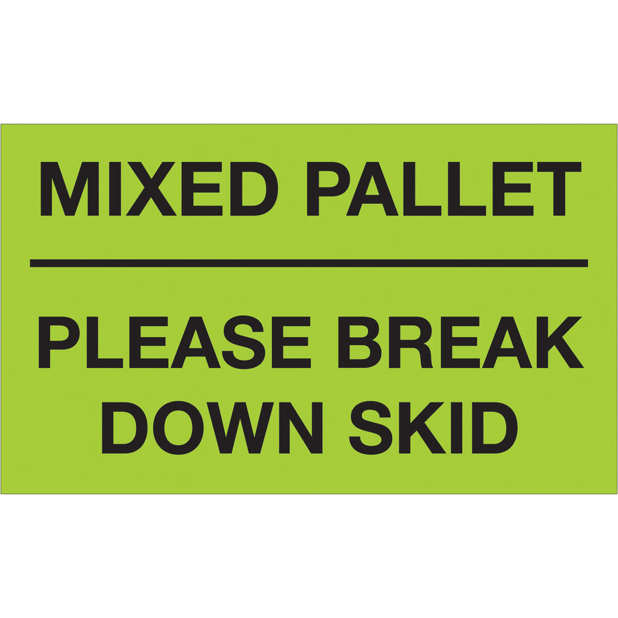 High-visibility 3x5" fluorescent green labels printed on semi-gloss coated paper for pallet breakdowns and mixed shipments. Internationally recognized for special handling compliance. Sold as 500-label rolls with compatible table-top and wall-mount dispensers available.