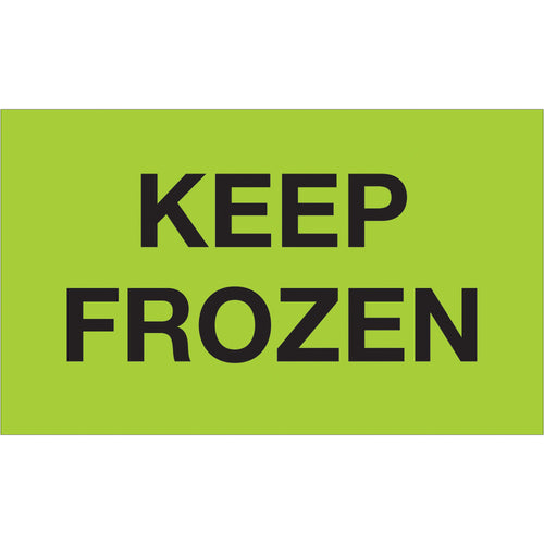 High-visibility Keep Frozen labels in internationally acknowledged fluorescent green ensure cold chain compliance across borders. 3x5