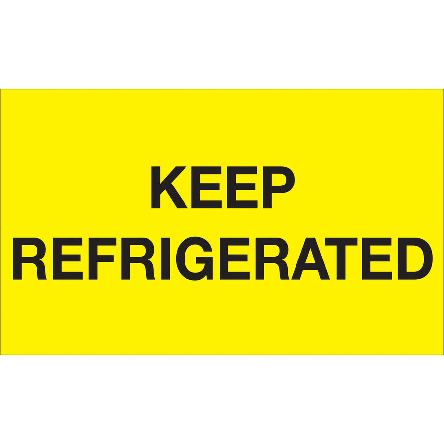 High-visibility 3x5" fluorescent yellow "Keep Refrigerated" labels designed for global shipping compliance. Printed on durable semi-gloss coated paper with internationally acknowledged standards. Roll of 500 labels ensures consistent special handling communication across your entire supply chain.