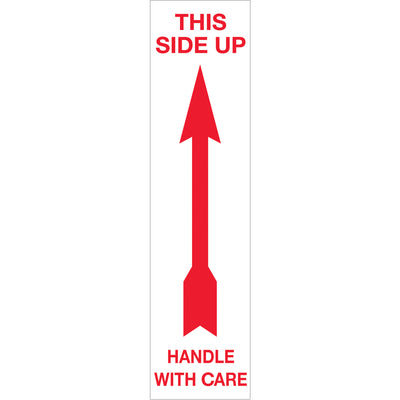 Protect shipments with high-visibility 2" x 8" Up Arrow Labels printed on durable semi-gloss coated paper. Each roll contains 500 labels, ready to peel and apply. Essential for freight handlers and shipping coordinators to ensure packages are oriented correctly during transit and warehousing.