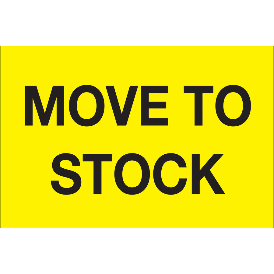 High-visibility fluorescent yellow pre-printed inventory labels designed for rapid warehouse identification and stock management. These 2" x 3" labels print on premium high-gloss paper for durability and long-lasting legibility in busy fulfillment environments. Sold as a convenient roll of 500 labels with compatible tabletop and wall-mount dispensers available.