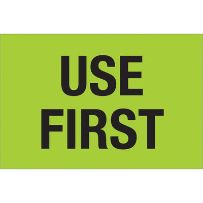 High-visibility fluorescent green "Use First" labels ensure first-in-first-out (FIFO) compliance and reduce shipping errors in your warehouse. Pre-printed on premium high-gloss paper at 2" x 3" size, 500 labels per roll. Compatible with standard tabletop and wall-mount dispensers for organized, efficient labeling workflows.
