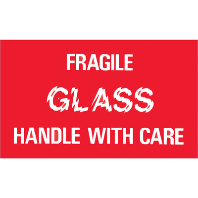 Professional 3x5" fragile glass shipping labels printed on durable semi-gloss coated paper. Bright red and white design ensures immediate visibility and international recognition for glass/liquid shipments. Roll of 500 labels with compatible tabletop and wall-mount dispensers available.