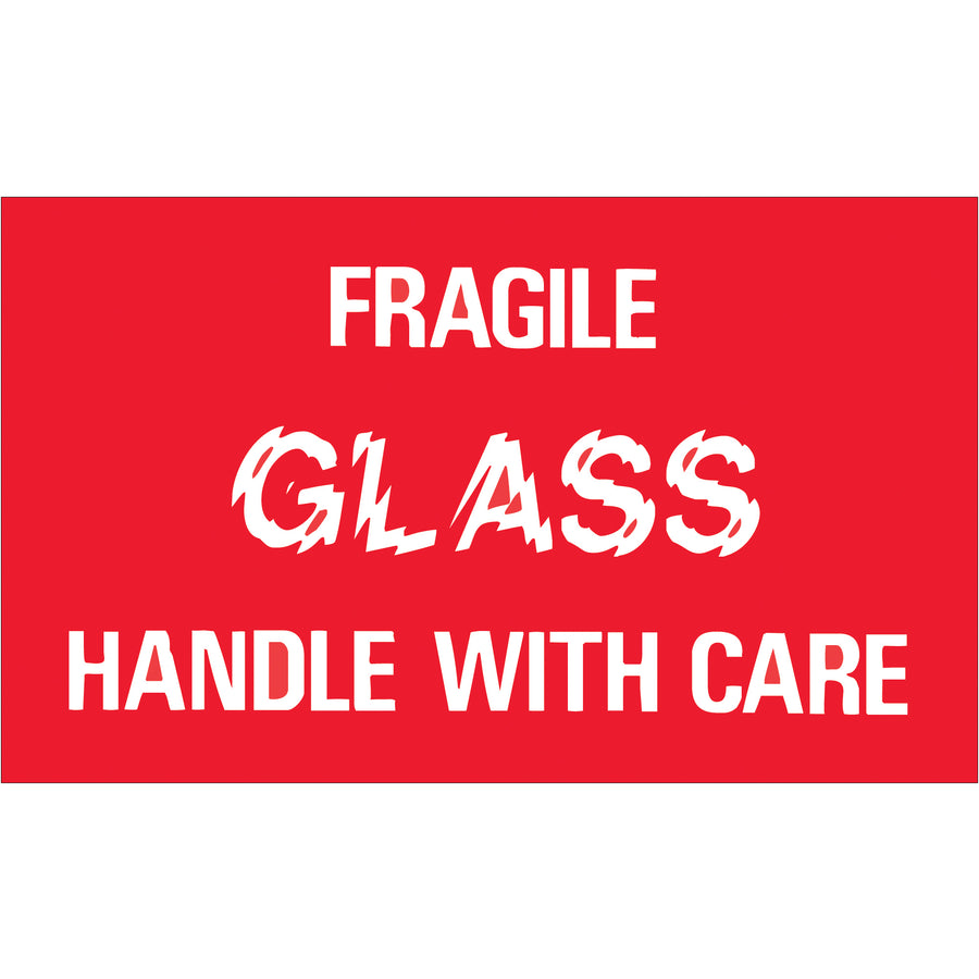 Professional 3x5" fragile glass shipping labels printed on durable semi-gloss coated paper. Bright red and white design ensures immediate visibility and international recognition for glass/liquid shipments. Roll of 500 labels with compatible tabletop and wall-mount dispensers available.