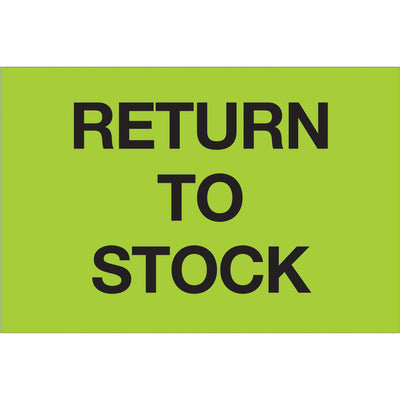 High-visibility fluorescent green "Return To Stock" labels designed for rapid warehouse identification and inventory accuracy. 2" x 3" pre-printed labels on premium high-gloss paper stock deliver superior durability and professional appearance. Sold in rolls of 500 for cost-effective bulk operations.