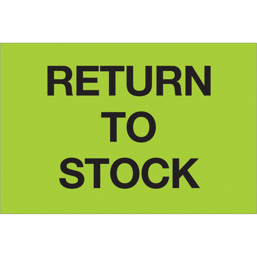 High-visibility fluorescent green "Return To Stock" labels designed for rapid warehouse identification and inventory accuracy. 2" x 3" pre-printed labels on premium high-gloss paper stock deliver superior durability and professional appearance. Sold in rolls of 500 for cost-effective bulk operations.