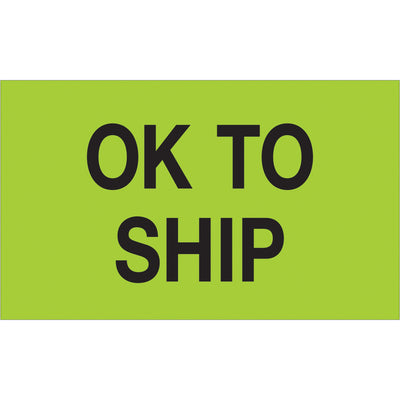 Instantly identify approved shipments with these bright fluorescent green "OK To Ship" labels. 3" x 5" semi-gloss coated paper, sold as rolls of 500. Compatible with Packrift tabletop and wall-mount label dispensers for seamless warehouse integration.