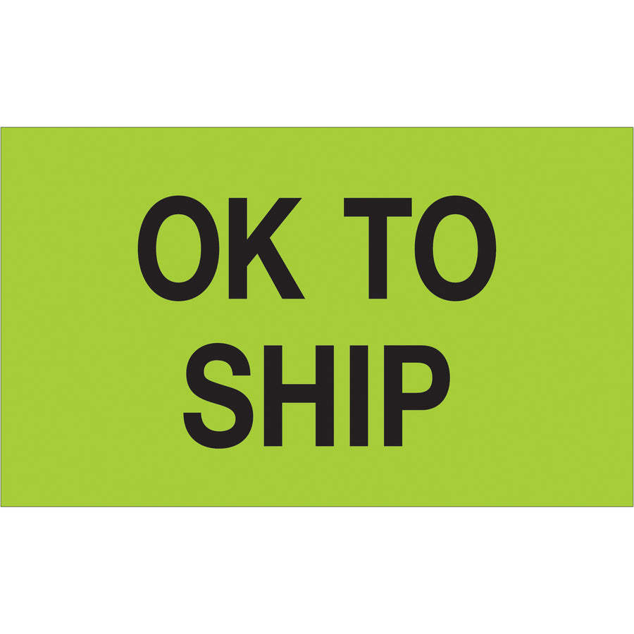 Instantly identify approved shipments with these bright fluorescent green "OK To Ship" labels. 3" x 5" semi-gloss coated paper, sold as rolls of 500. Compatible with Packrift tabletop and wall-mount label dispensers for seamless warehouse integration.