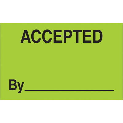 Maximize shipping visibility with bright fluorescent green "Accepted By" labels designed for logistics professionals. These 1.25 x 2" semi-gloss coated paper labels ship in rolls of 500, delivering instant recognition in busy warehouse and production environments. Compatible with popular tabletop and wall-mount dispensers for streamlined label application.