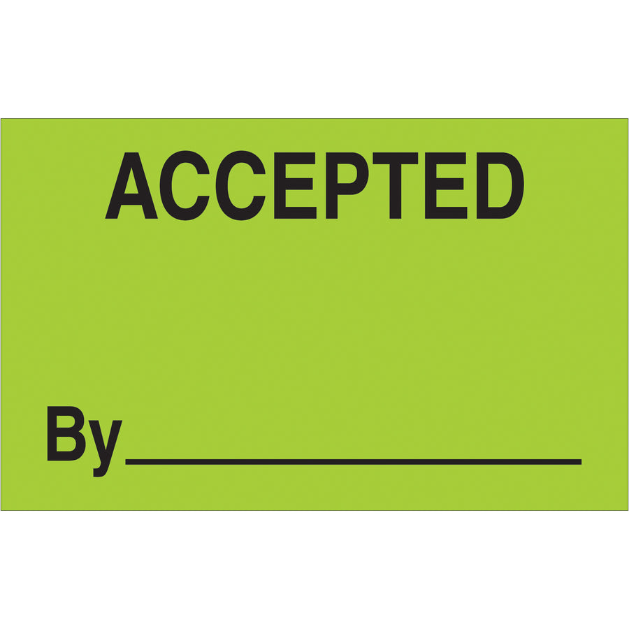 Maximize shipping visibility with bright fluorescent green "Accepted By" labels designed for logistics professionals. These 1.25 x 2" semi-gloss coated paper labels ship in rolls of 500, delivering instant recognition in busy warehouse and production environments. Compatible with popular tabletop and wall-mount dispensers for streamlined label application.