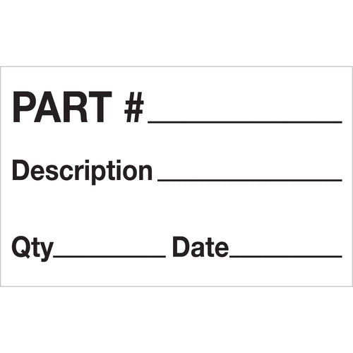 Professional 1.25" x 2" semi-gloss production labels designed for shipping coordinators and logistics teams. Each roll contains 500 labels with pre-printed fields for part number, description, quantity, and date tracking. High-contrast black/white format ensures maximum visibility and compliance with supply chain documentation standards.