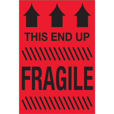 Fluorescent red "This End Up - Fragile" labels (4" x 6") printed on durable semi-gloss coated paper for maximum visibility and durability during transit. Acknowledged across multiple countries for international shipping compliance. Each roll contains 500 labels‚the shipping supply solution for high-volume logistics operations.