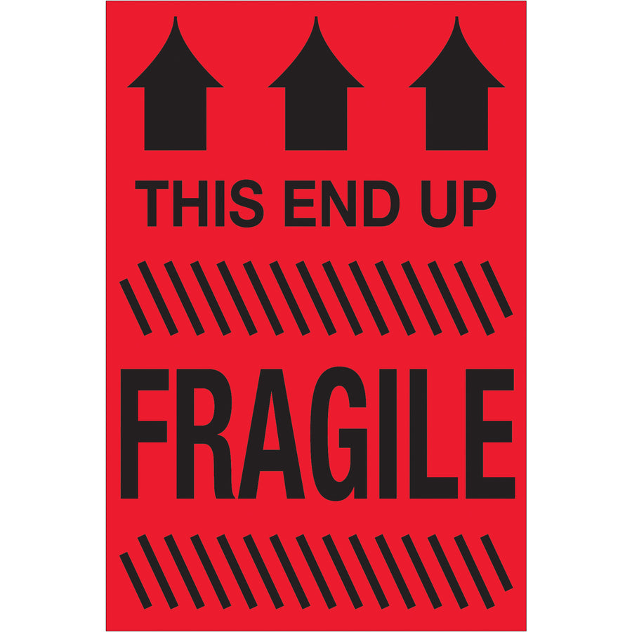 Fluorescent red "This End Up - Fragile" labels (4" x 6") printed on durable semi-gloss coated paper for maximum visibility and durability during transit. Acknowledged across multiple countries for international shipping compliance. Each roll contains 500 labels–the shipping supply solution for high-volume logistics operations.