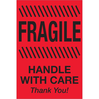High-visibility 4x6 fluorescent red "Fragile - Handle With Care" labels designed for shipping coordinators who need international compliance and reliable visibility. Semi-gloss coated paper construction ensures durability in transit. Sold as 500-label rolls and compatible with standard label dispensers for seamless warehouse operations.