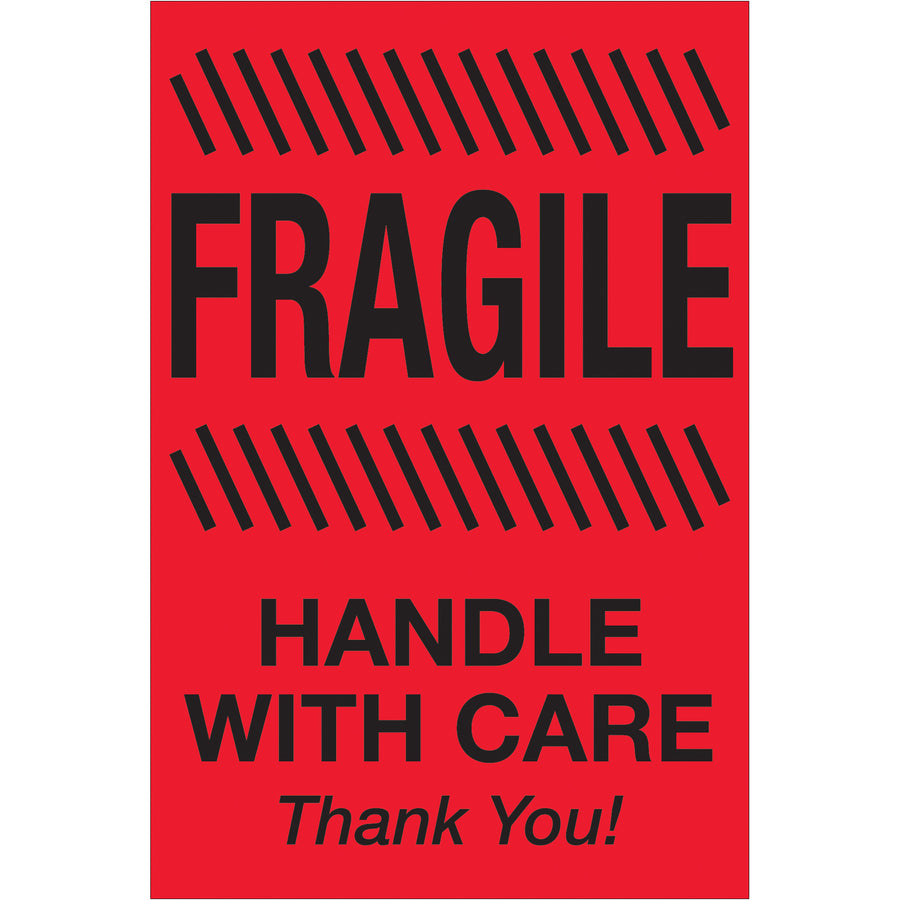 High-visibility 4x6 fluorescent red "Fragile - Handle With Care" labels designed for shipping coordinators who need international compliance and reliable visibility. Semi-gloss coated paper construction ensures durability in transit. Sold as 500-label rolls and compatible with standard label dispensers for seamless warehouse operations.