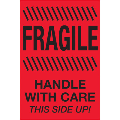 Internationally recognized 4x6" fragile handling labels ensure your shipments receive proper care throughout transit. Printed on durable semi-gloss coated paper in high-visibility fluorescent red, these special handling labels provide clear visual warnings that comply with global shipping standards. Sold as a convenient 500-label roll compatible with standard tabletop and wall-mount dispensers.