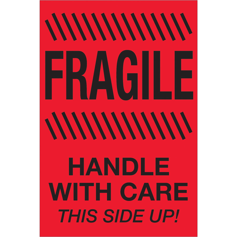Internationally recognized 4x6" fragile handling labels ensure your shipments receive proper care throughout transit. Printed on durable semi-gloss coated paper in high-visibility fluorescent red, these special handling labels provide clear visual warnings that comply with global shipping standards. Sold as a convenient 500-label roll compatible with standard tabletop and wall-mount dispensers.