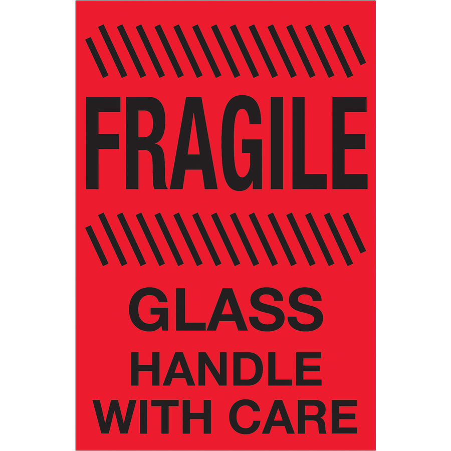 High-visibility 4x6" fragile glass handling labels in internationally recognized fluorescent red. Printed on durable semi-gloss coated paper with 500 labels per roll. Perfect for shipping coordinators managing glass and delicate freight with compliance visibility.