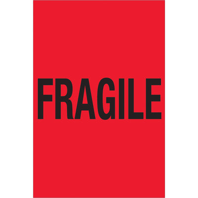 International-standard fragile labels in high-visibility fluorescent red. These 4x6" semi-gloss coated labels are recognized globally for special handling compliance. Roll of 500 labels with compatible tabletop and wall-mount dispensers available to streamline warehouse operations.