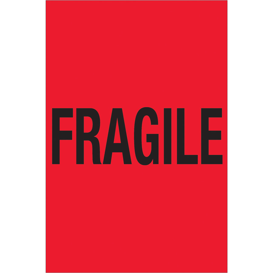 International-standard fragile labels in high-visibility fluorescent red. These 4x6" semi-gloss coated labels are recognized globally for special handling compliance. Roll of 500 labels with compatible tabletop and wall-mount dispensers available to streamline warehouse operations.