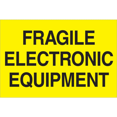 High-visibility 2x3" fragile electronic equipment labels printed on durable semi-gloss coated paper. Fluorescent yellow color meets international shipping standards for special handling compliance. Sold as 500-label rolls with compatible tabletop and wall-mount dispensers available.