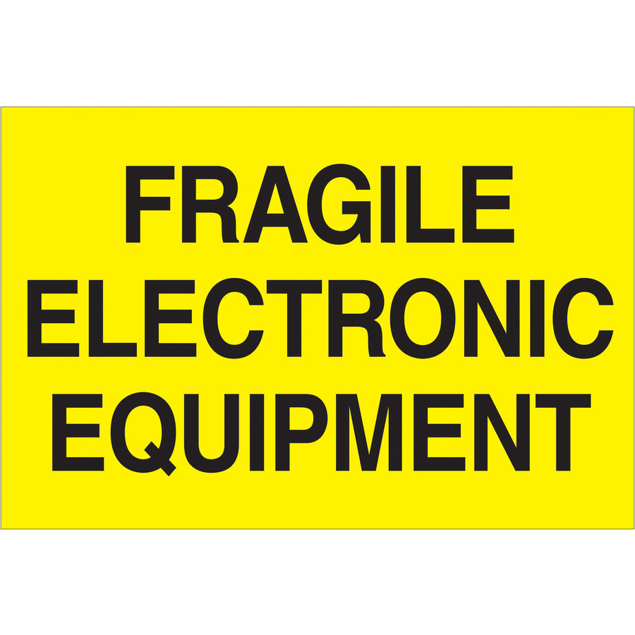 High-visibility 2x3" fragile electronic equipment labels printed on durable semi-gloss coated paper. Fluorescent yellow color meets international shipping standards for special handling compliance. Sold as 500-label rolls with compatible tabletop and wall-mount dispensers available.