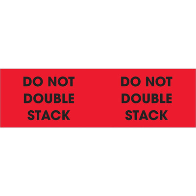 Highly visible 3x10" fluorescent red labels clearly communicate "Do Not Double Stack" warnings on pallet corners during shipping and handling. Semi-gloss coated paper adheres reliably to cardboard, plastic, and mixed surfaces. 500 labels per roll with compatible tabletop and wall-mount dispensers available.