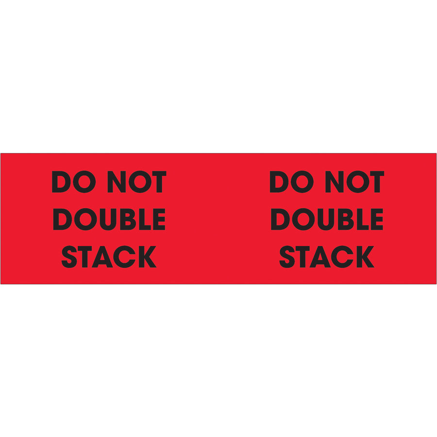 Highly visible 3x10" fluorescent red labels clearly communicate "Do Not Double Stack" warnings on pallet corners during shipping and handling. Semi-gloss coated paper adheres reliably to cardboard, plastic, and mixed surfaces. 500 labels per roll with compatible tabletop and wall-mount dispensers available.