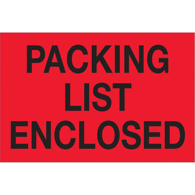 Internationally recognized 2" x 3" packing list enclosed labels in high-visibility fluorescent red. Semi-gloss coated paper construction ensures durability through multi-carrier shipping environments. Sold as 500-label rolls with compatible dispensers (tabletop and wall-mount) available for streamlined warehouse workflows.
