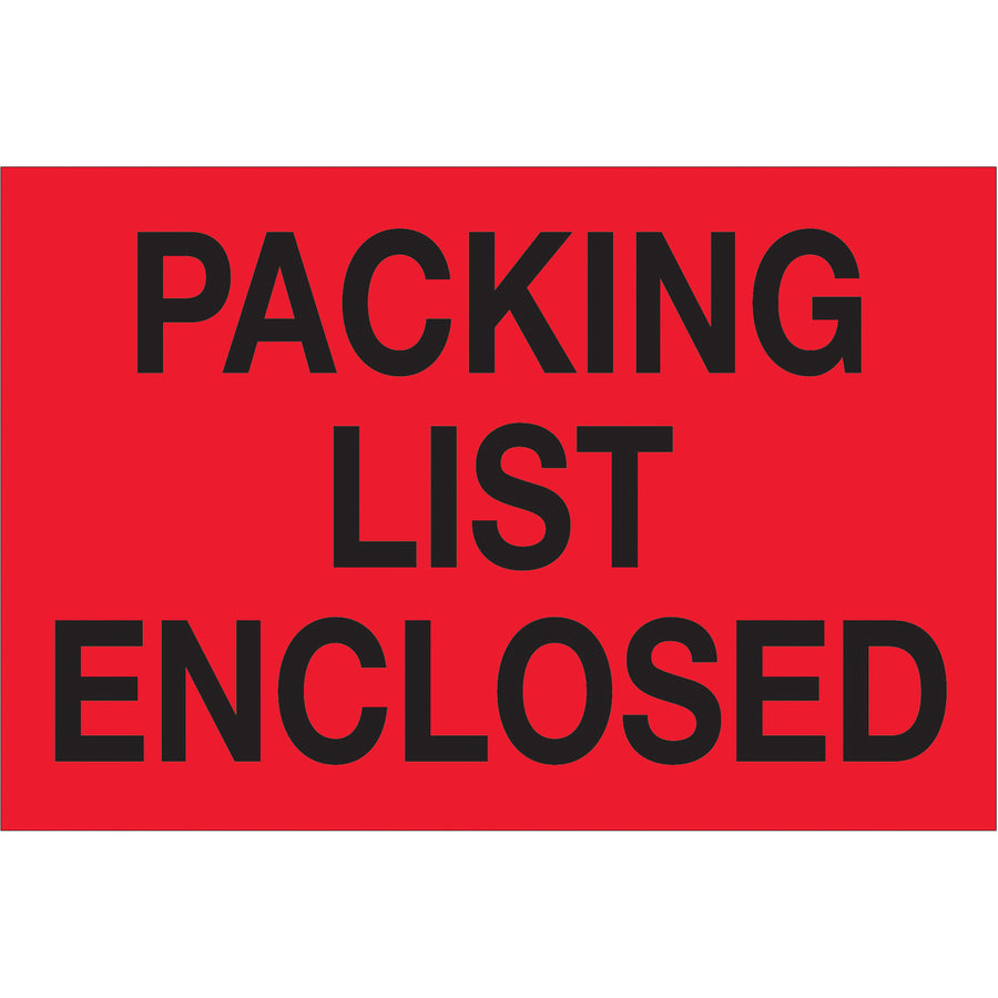 Internationally recognized 2" x 3" packing list enclosed labels in high-visibility fluorescent red. Semi-gloss coated paper construction ensures durability through multi-carrier shipping environments. Sold as 500-label rolls with compatible dispensers (tabletop and wall-mount) available for streamlined warehouse workflows.