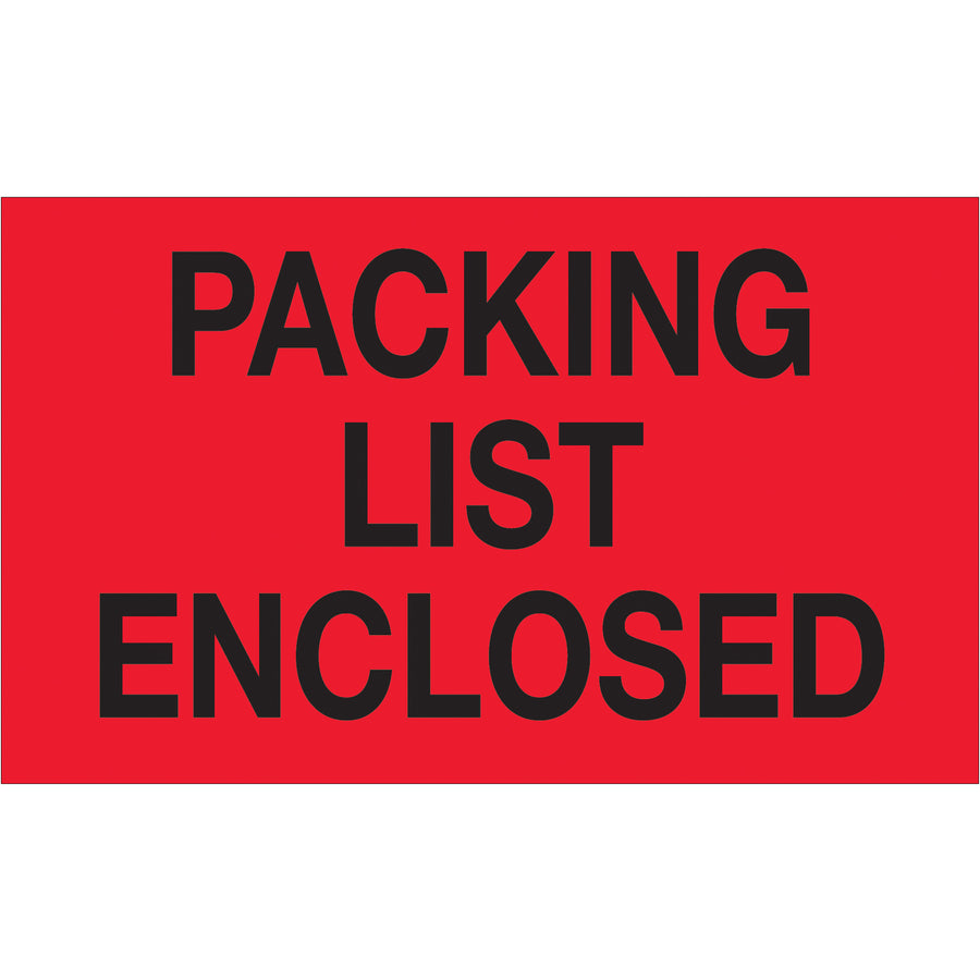 Internationally recognized 3x5" fluorescent red "Packing List Enclosed" labels printed on durable semi-gloss coated paper. High-visibility design ensures compliance and quick identification across borders. Sold as 500-label rolls with compatible dispensers for tabletop or wall-mount application.