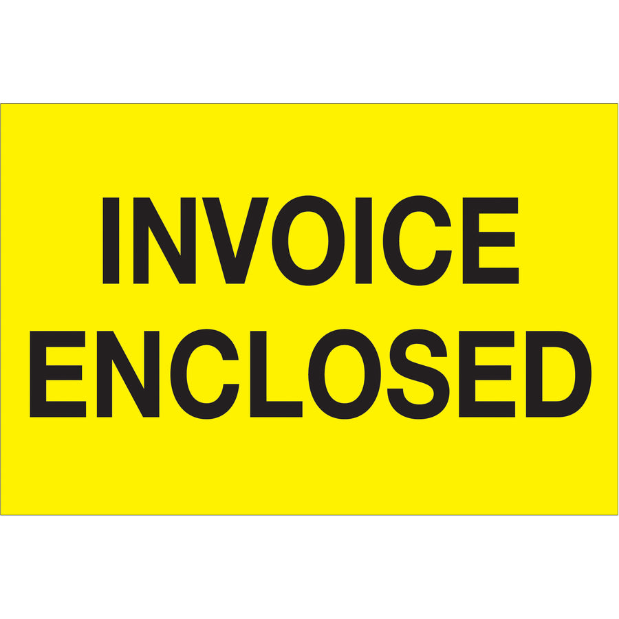 High-visibility fluorescent yellow invoice enclosed labels in 2" x 3" dimensions, printed on semi-gloss coated paper for durability and adhesion. Internationally acknowledged format trusted by shipping coordinators worldwide. Sold as rolls of 500 for efficient warehouse operations.
