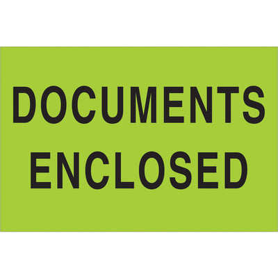 High-visibility fluorescent green "Documents Enclosed" shipping labels in 2" x 3" size, printed on durable semi-gloss coated paper. Each roll contains 500 labels‚ideal for logistics teams managing enclosed documentation in shipments. Internationally recognized and compatible with popular tabletop and wall-mount dispensers for seamless warehouse integration.