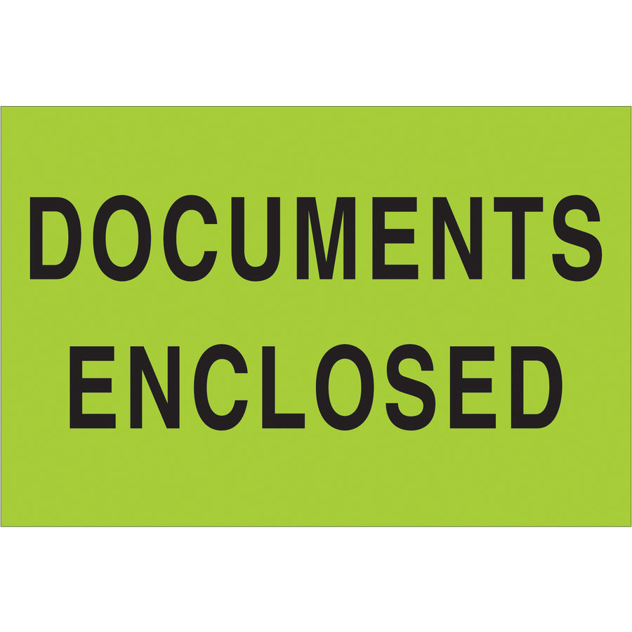 High-visibility fluorescent green "Documents Enclosed" shipping labels in 2" x 3" size, printed on durable semi-gloss coated paper. Each roll contains 500 labels–ideal for logistics teams managing enclosed documentation in shipments. Internationally recognized and compatible with popular tabletop and wall-mount dispensers for seamless warehouse integration.