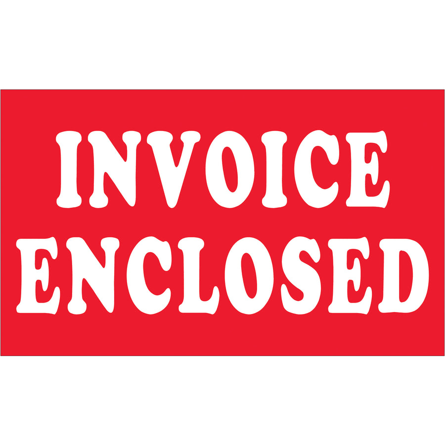 Internationally recognized 3x5 invoice enclosed labels printed on durable semi-gloss coated paper. Roll of 500 labels ensures compliance visibility across multiple shipping destinations. High-contrast red and white design maximizes readability for logistics professionals and shipping coordinators.