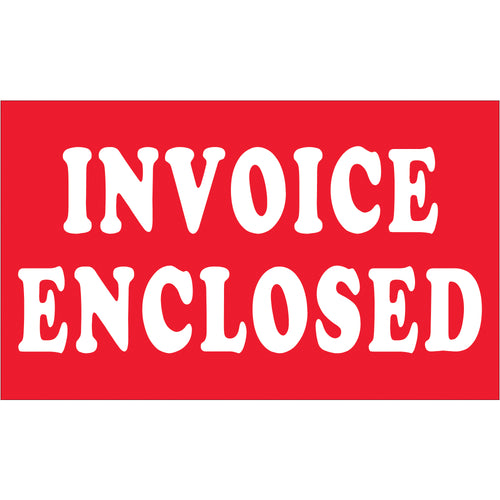 Internationally recognized 3x5 invoice enclosed labels printed on durable semi-gloss coated paper. Roll of 500 labels ensures compliance visibility across multiple shipping destinations. High-contrast red and white design maximizes readability for logistics professionals and shipping coordinators.