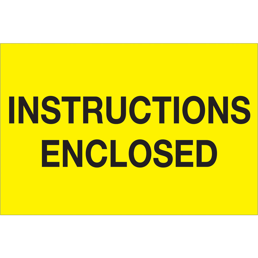 High-visibility 2" x 3" Instructions Enclosed labels in fluorescent yellow on durable semi-gloss coated paper. Each roll contains 500 labels ready for immediate deployment. Recognized internationally for clear special handling communication.
