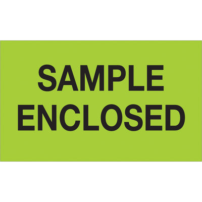 High-visibility 3x5" fluorescent green "Sample Enclosed" labels printed on durable semi-gloss coated paper. Recognized across multiple countries for customs and sample shipments. Roll of 500 labels with compatible tabletop and wall-mount dispensers in stock.