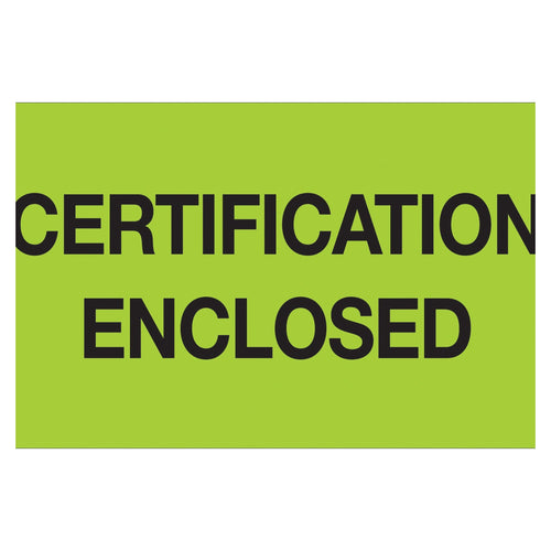 3x5 Fluorescent Green Certification Enclosed Labels 500/Roll DL1215 - alias listing