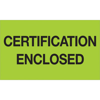 3x5 Fluorescent Green Certification Enclosed Labels - 500/Roll