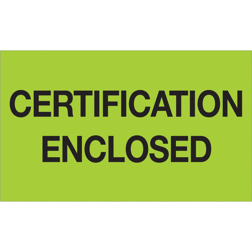 3x5 Fluorescent Green Certification Enclosed Labels - 500/Roll