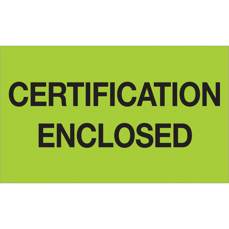 3x5 Fluorescent Green Certification Enclosed Labels - 500/Roll