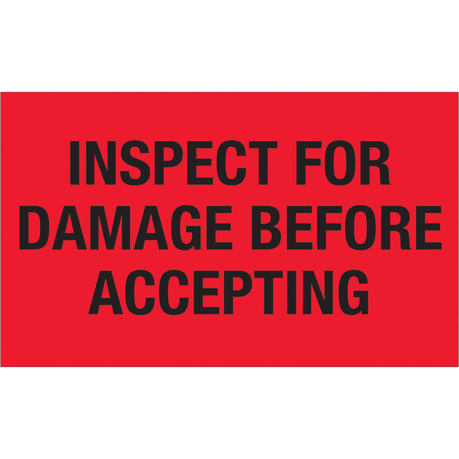 Fluorescent red "Inspect For Damage Before Accepting" labels in 3" x 5" format on semi-gloss coated paper. Each roll contains 500 labels designed for maximum visibility during receiving operations. Internationally recognized compliance format ensures consistent handling protocols across global supply chains.