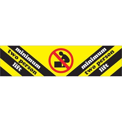 High-visibility 2x8" minimum two person lift labels printed on durable semi-gloss coated paper for professional shipping and logistics operations. IATA and internationally recognized compliance marking ensures proper special handling across all shipping zones. Each roll contains 500 labels; compatible with tabletop and wall-mount dispensers for warehouse efficiency.