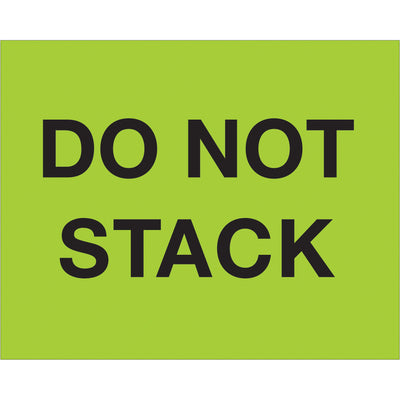High-visibility fluorescent green "Do Not Stack" pallet protection labels measuring 8" x 10" printed on durable semi-gloss coated paper. Internationally acknowledged for compliance, these shipping labels come in rolls of 250 and pair seamlessly with Packrift's tabletop and wall-mount label dispensers for rapid warehouse application.