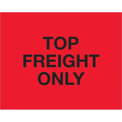 Internationally recognized 8x10" fluorescent red "Top Load Freight Only" pallet protection labels printed on durable semi-gloss coated paper. Roll of 250 labels ensures compliance visibility across multiple countries. Compatible with Packrift's table-top and wall-mount dispensers for efficient warehouse application.
