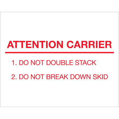High-visibility 8x10" Attention Carrier pallet protection labels printed on durable semi-gloss coated paper. Internationally recognized for special handling compliance. Sold as a convenient roll of 250 labels with compatible dispensers available.