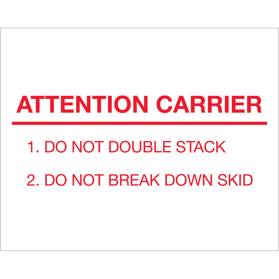 High-visibility 8x10" Attention Carrier pallet protection labels printed on durable semi-gloss coated paper. Internationally recognized for special handling compliance. Sold as a convenient roll of 250 labels with compatible dispensers available.