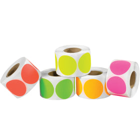 Organize inventory with bold visibility using these 1" diameter fluorescent circle labels. Five vibrant colors–yellow, pink, orange, green, and red–come in one convenient 5000-label case (1000 labels per color). Durable paper construction designed for reliable performance in warehouse and storage environments.