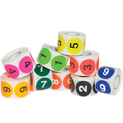 Eliminate manual label sorting with these convenient pre-packed circle labels featuring numbers 1 through 10. Each case includes one complete roll per number in 2" diameter size, printed on durable paper stock. Perfect for warehouses and manufacturing facilities that need fast, organized inventory labeling without the setup hassle.